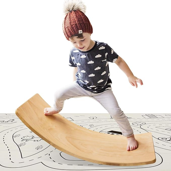 HAN-MM Wooden Wobble Balance Board with Play Mat Waldorf Toys Balance Board Kid Yoga Board Curvy ... | Amazon (US)