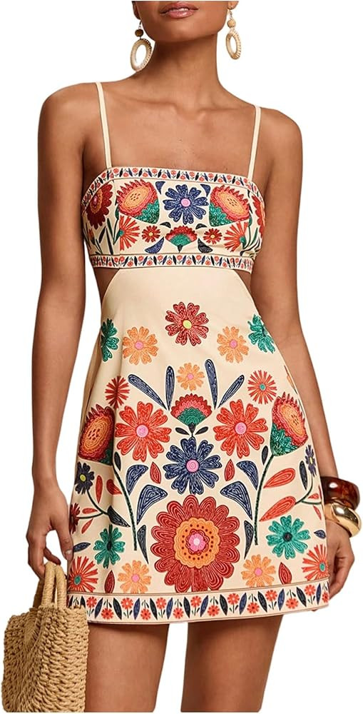 SweatyRocks Women's Boho Flora A Line Mini Dresses Cut Out Open Back Shirred Sleeveless Summer Dr... | Amazon (US)