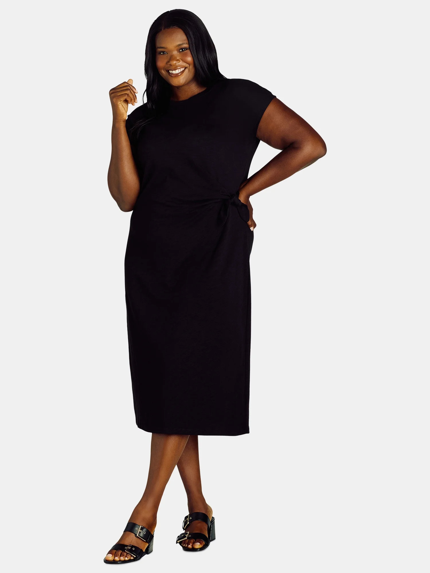 Time and Tru Women's and Women's Plus Side Tie Midi Dress with Short Sleeves, Sizes XS-4X | Walmart (US)