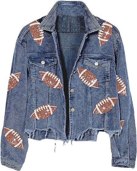 Xunger Women’s Football Corduroy Sequin Jacket Cropped Distresses Rugby Patched Shacket Coat | Amazon (US)