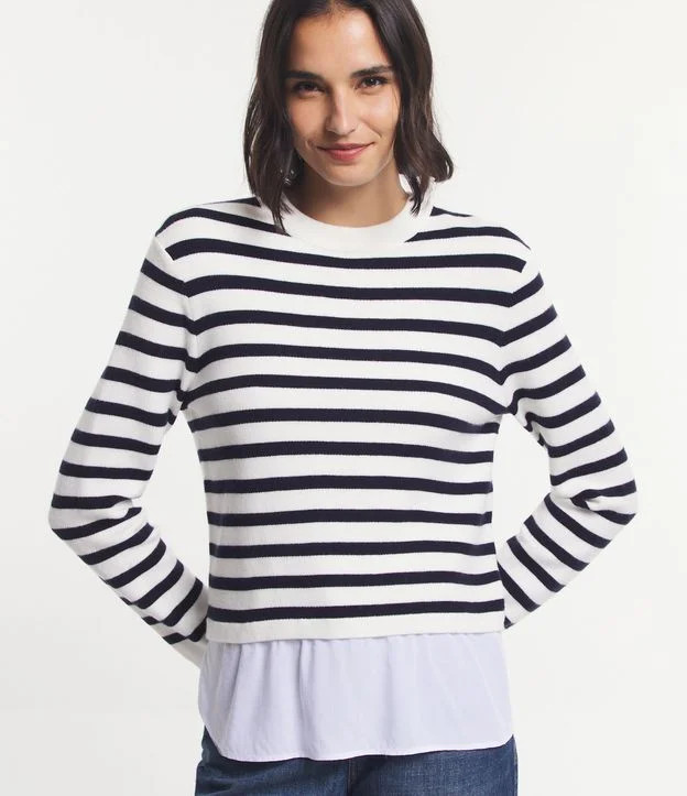 Suéter em Viscose com Estampa Listras e Barra em Tecido Plano Branco/ Preto | Renner (BR)