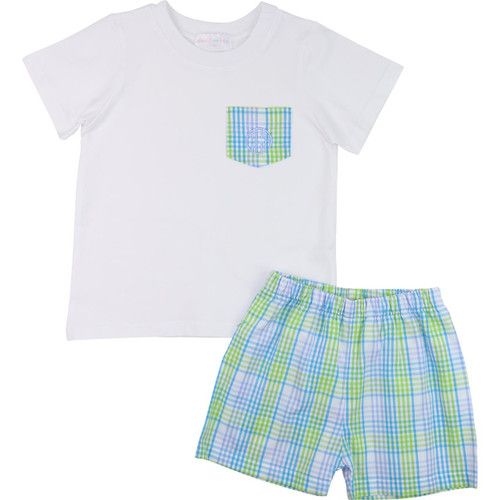 Green And Blue Plaid Pocket Short Set | Cecil and Lou