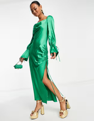 Ei8th Hour satin draped slit side midi dress in green | ASOS (Global)
