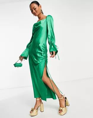 Ei8th Hour satin draped slit side midi dress in green | ASOS (Global)