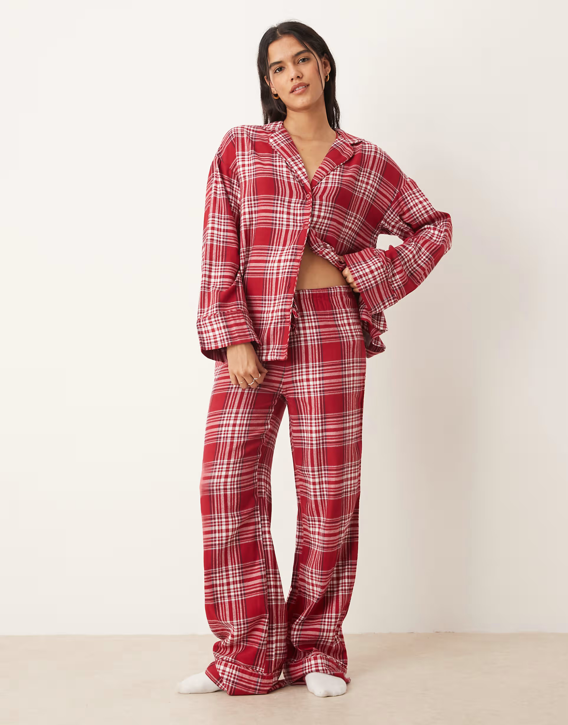 Gina Tricot mix and match flannel pyjamas trousers in red check | ASOS (Global)