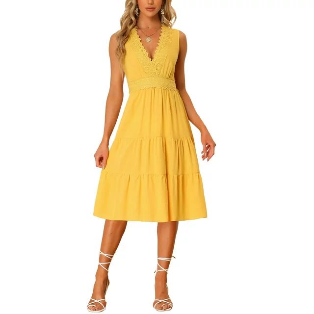 Allegra K Lace Insert Sundress for Women’s Casual V Neck Sleeveless Tiered Midi Tank Dress | Walmart (US)