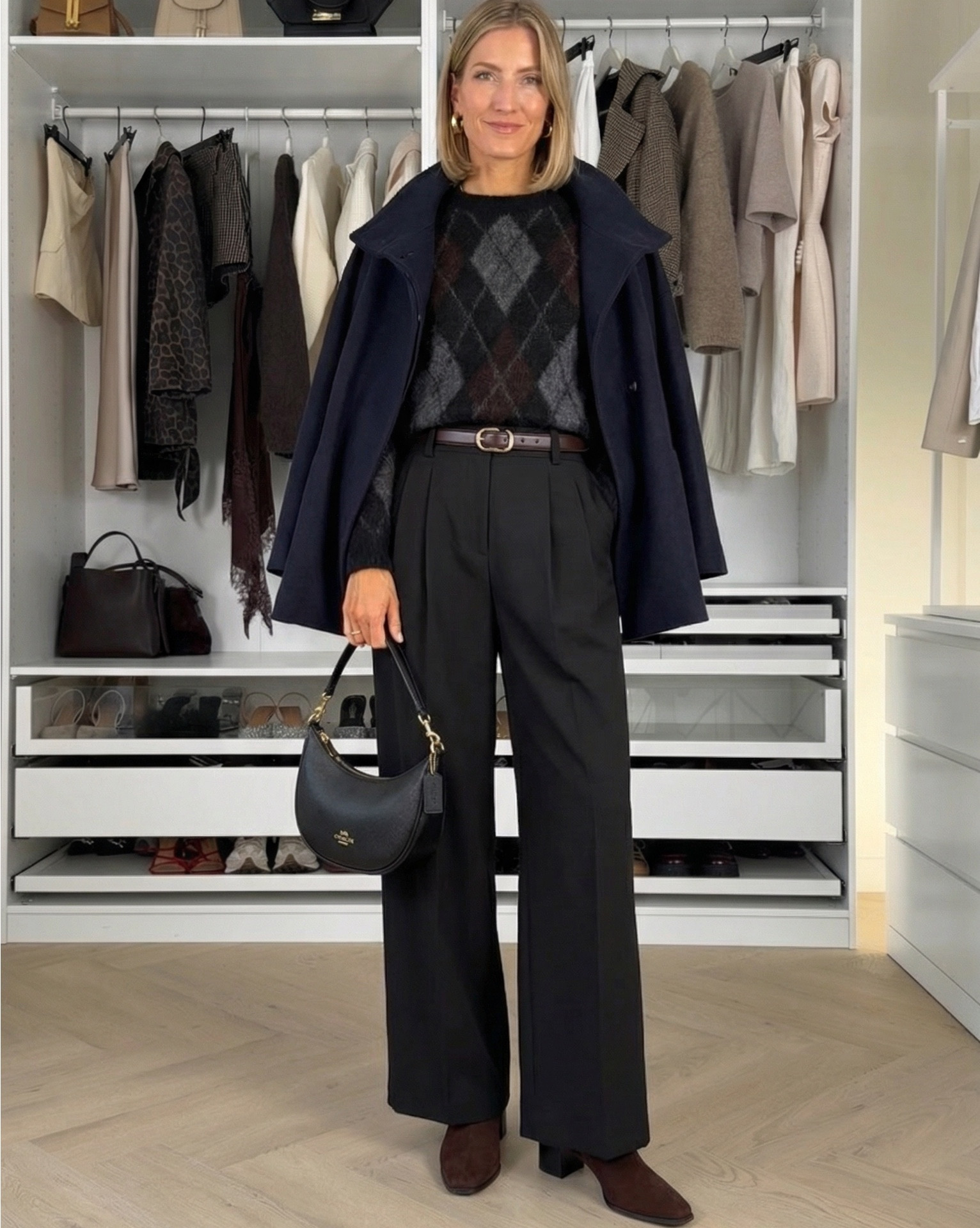 My winter uniform in five looks 🤎💙 When I don’t know what to wear, I fall back on my navy + chocolate capsule — it always works. ✨

These images are AI generated. I wear size S in tops, coats, and cardigans and size XS/32 for trousers.

Like this post to save it to your favourite folder and come back later to shop.

navy coat, chocolate coat, argyle sweater, dark denim, winter boots, loafers outfit, brown accessories, capsule wardrobe, winter neutrals, elevated basics, classic style, everyday outfits, wardrobe staples, minimal chic, navy scarf, brown belt, wide leg trousers, cosy winter style, neutral colour palette, timeless fashion, cold weather outfits