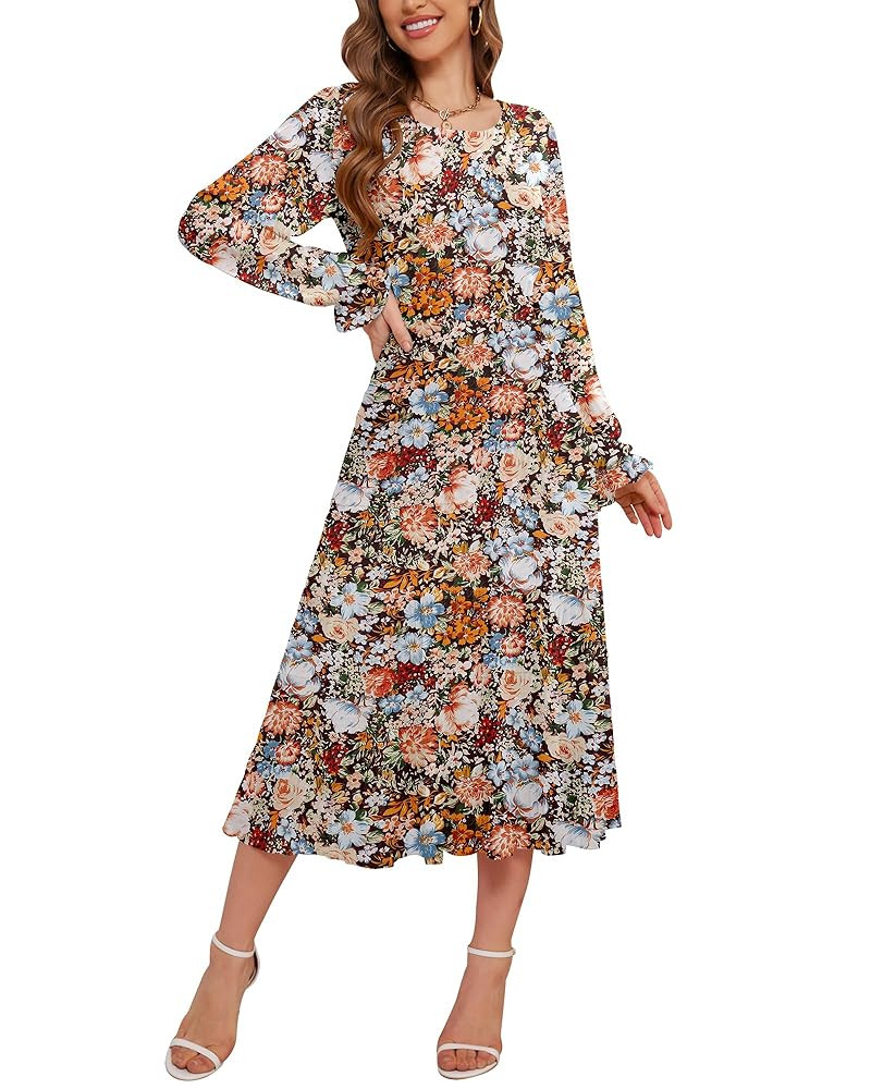 CYiNu Women's Midi Dresses Long Sleeve Crew Neck Flowy Casual Floral Boho Tiered Chiffon Smocked ... | Amazon (US)