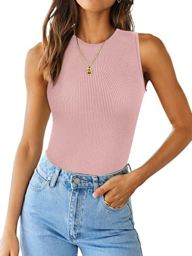 LILLUSORY Womens Ribbed Tank Tops 2024 Summer High Neck Sleeveless Basic Shirts Fitted Knit Top Light Pink | Amazon (US)