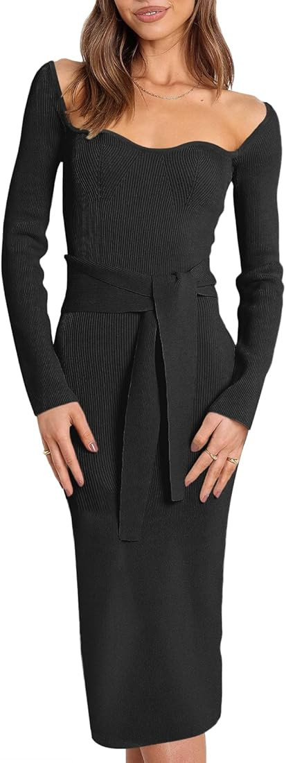 Prinbara Women's Long Sleeve Sweetheart Neck Ribbed Knit Tie Waist Bodycon Midi Sweater Dress | Amazon (US)