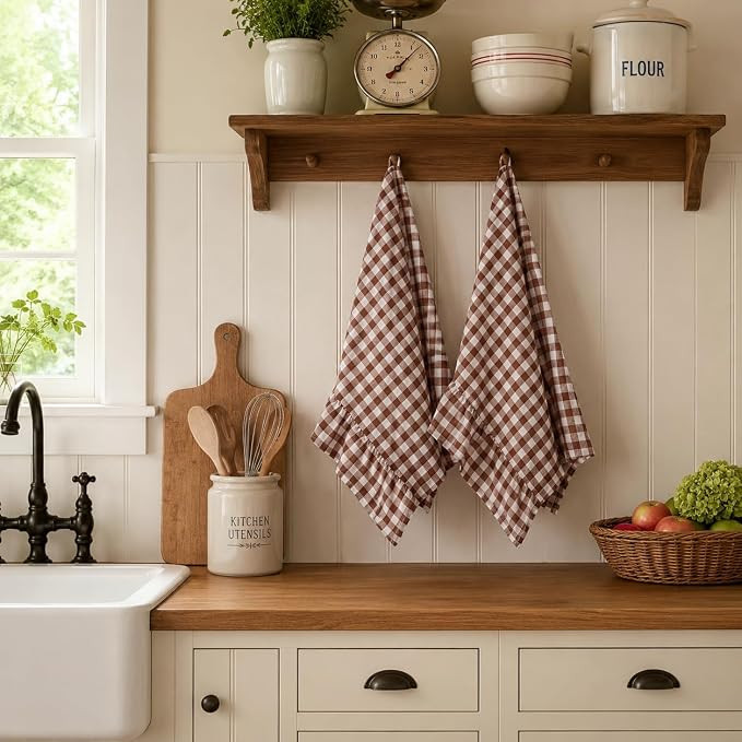 Tan Gingham Kitchen Towels Set of 2, 18 x 28 Inch 100% Cotton Ruffled Large Dish Towels with Hang... | Amazon (US)