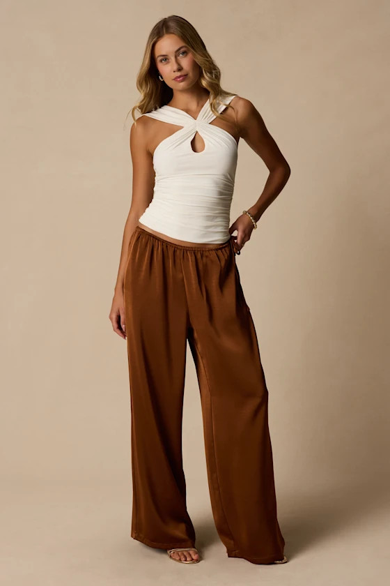 Amala Brown Satin Mid-Rise Wide-Leg Pants | Lulus