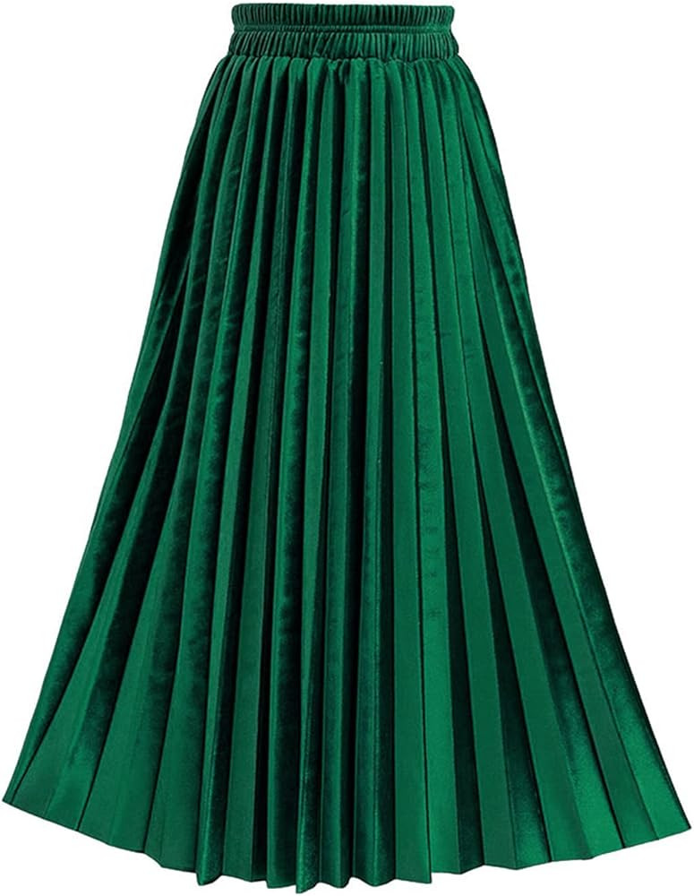 TONCHENGSD Women's High Elastic Waist Velvet Midi Long Pleated Swing Ruffled Skirt | Amazon (US)