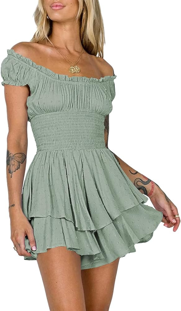 AOHITE Womens Summer Tube Top Dress Off-Shoulder Ruffled Flowy Mini Short Dresses | Amazon (US)