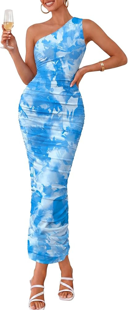 PRETTYGARDEN Wedding Guest Dresses for Women Summer 2026 One Shoulder Ruched Mesh Bodycon Cocktai... | Amazon (US)