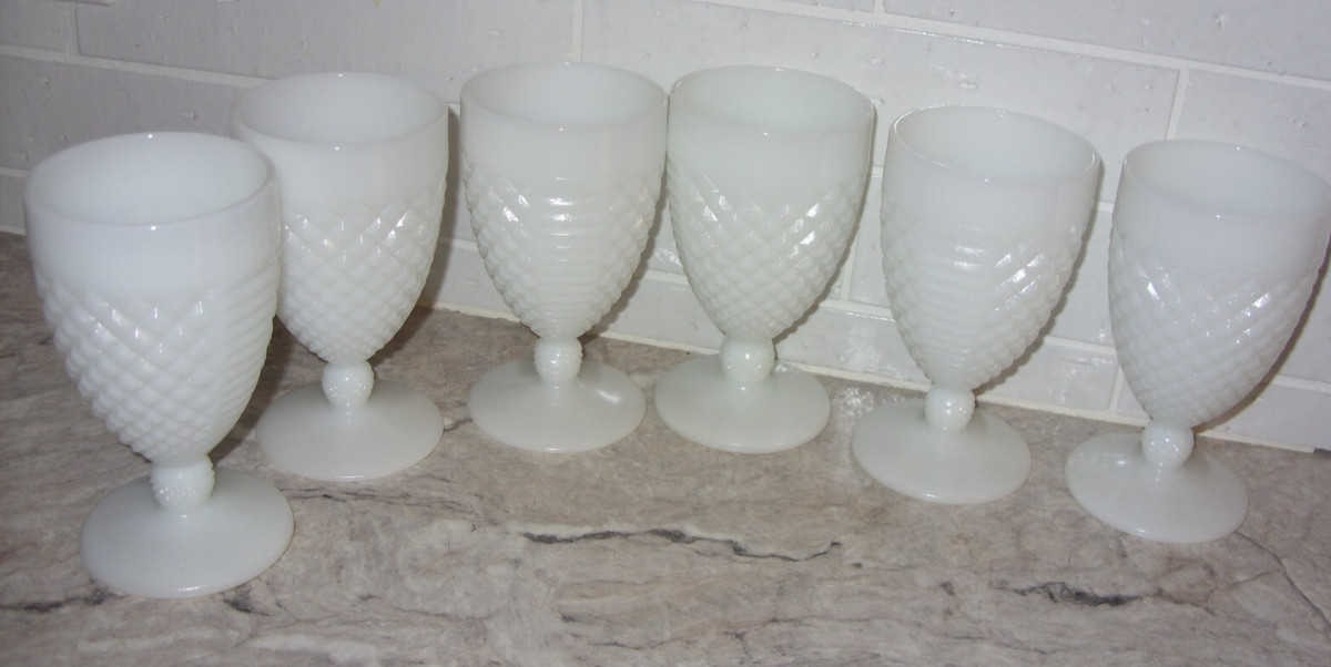 White Milk Glass Diamond with Ladder 6 Goblets Water Glasses 5.5"- 8 oz. VGC | eBay US