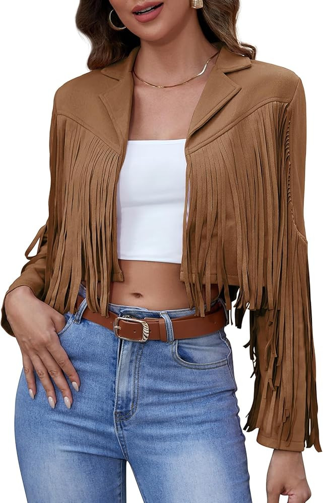 American Trends Womens Casual Faux Leather Jacket Fringe Tops Tassel Suede Cropped Coats Motorcyc... | Amazon (US)