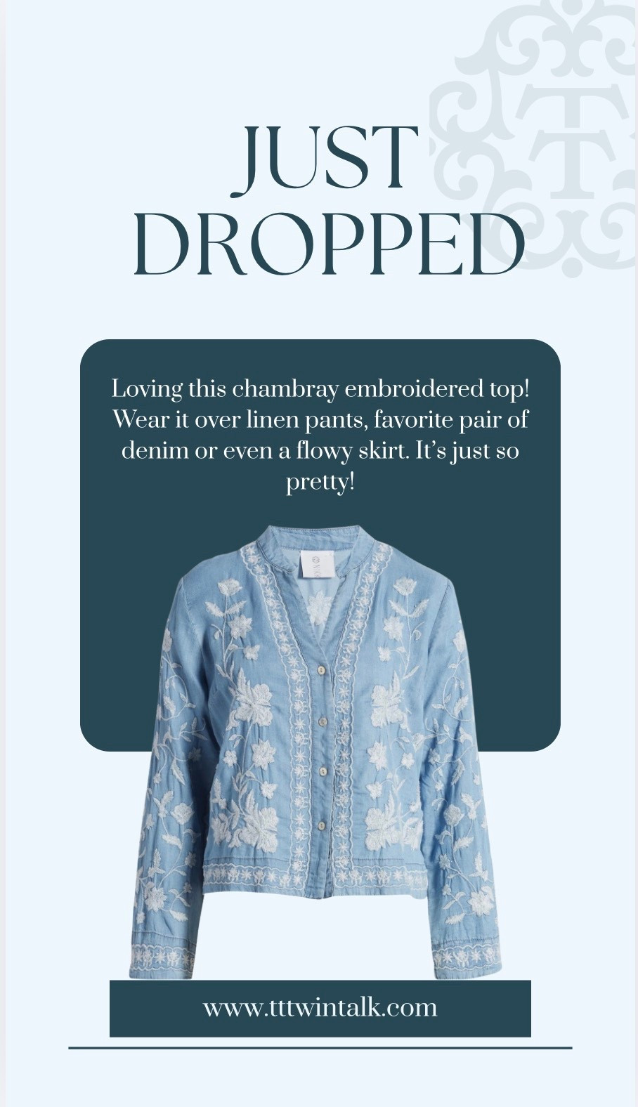Wear this for an instant tailored look. With the famine details of the floral embroidery all over the soft and light weight chambray top, this is a fan favorite. s

#LTKdayinmylife #LTKOver40