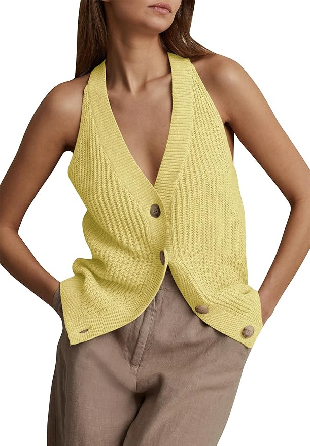 Women Sweater Vest Tops Sleeveless Button Down V Neck Knit Tank Top Slim Casual Cardigan Vest | Amazon (US)