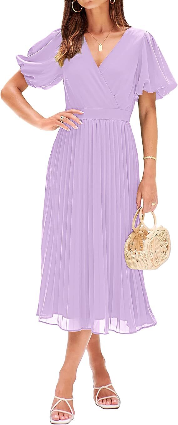 MEROKEETY Womens 2024 Summer Puff Sleeve Wrap V Neck Pleated Flowy Midi Dress for Wedding Guest | Amazon (US)