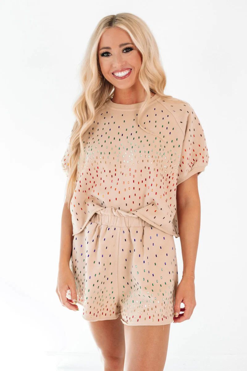 Queen Of Sparkles Rainbow Rhinestone Top - Beige | The Impeccable Pig