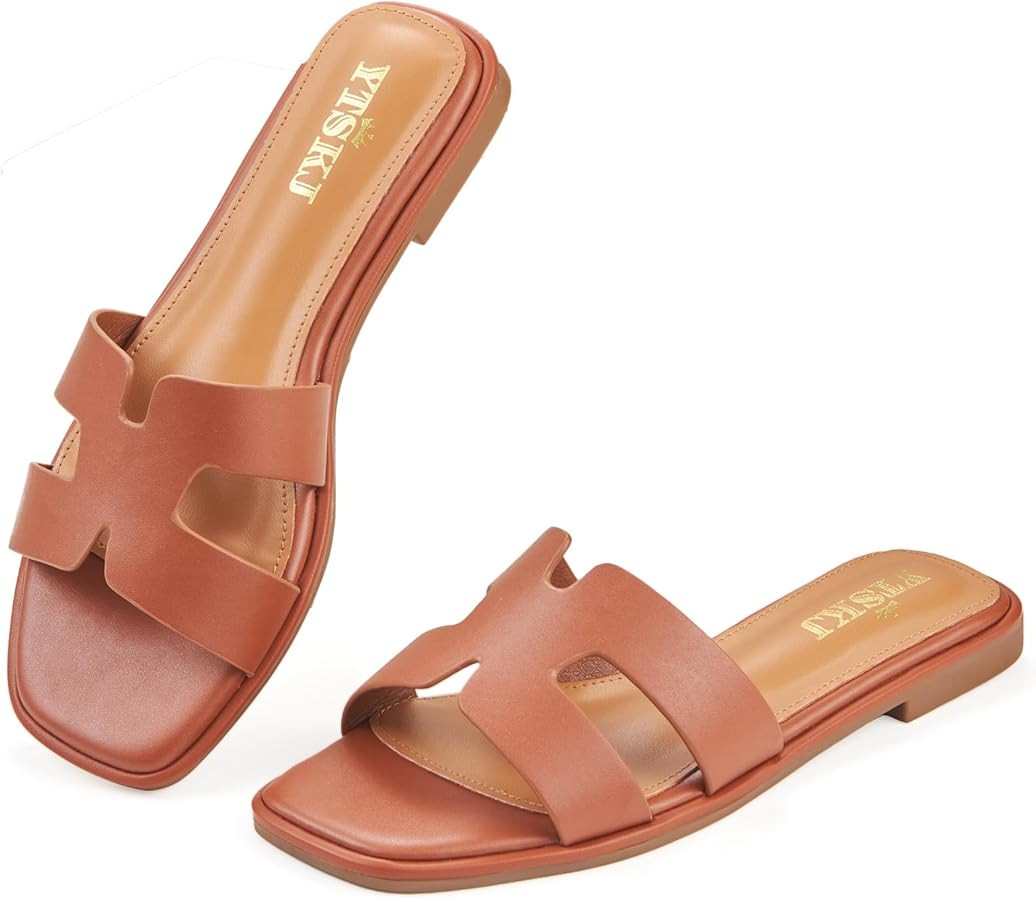 Sandals For Women 2025 Dressy Flat Slides Open Toe Sandals Comfortable Soft Leather Slides Slip O... | Amazon (US)