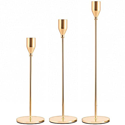 SUJUN Pink Gold Candle Holders Set of 3 for Taper Candles, Decorative Candlestick Holder for Wedding, Dinning, Party, Fits 3/4 inch Thick Candle&Led Candles (Metal Candle Stand) | Amazon (US)