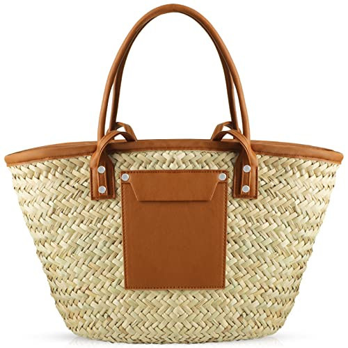 QTKJ Summer Beach Handwoven Straw Basket Bag With Leather Panels - Rattan Crossbody Shoulder Bag for Women | Amazon (US)