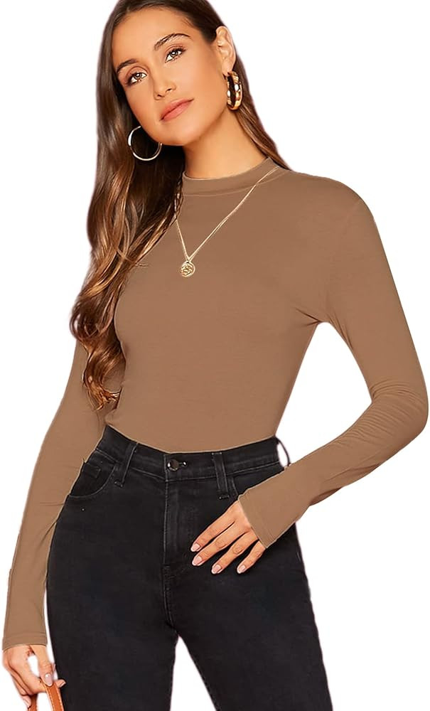 Verdusa Women's Basic Mock Neck Slim Fitted Long Sleeve Pullovers Tee Tops | Amazon (US)