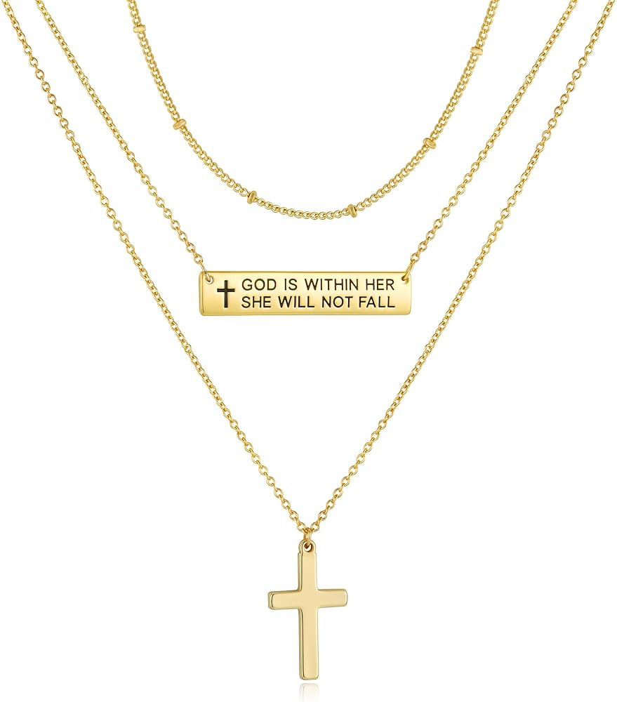 Easter Basket Stuffers - Layered Cross Bible Verse Necklaces,14K Gold Plated Christian Religious ... | Amazon (US)