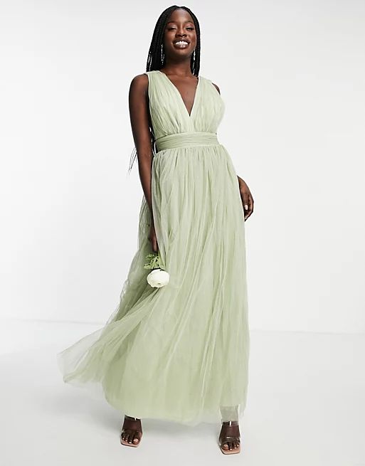 ASOS DESIGN Bridesmaid tulle plunge maxi dress with bow back detail in sage | ASOS (Global)