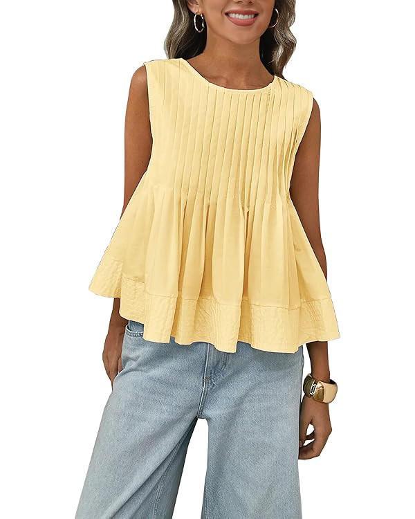 Womens Summer Pleated Peplum Sleeveless Blouse Tank Tops Round Neck Y2K Babydoll Blouse Shirt | Amazon (US)