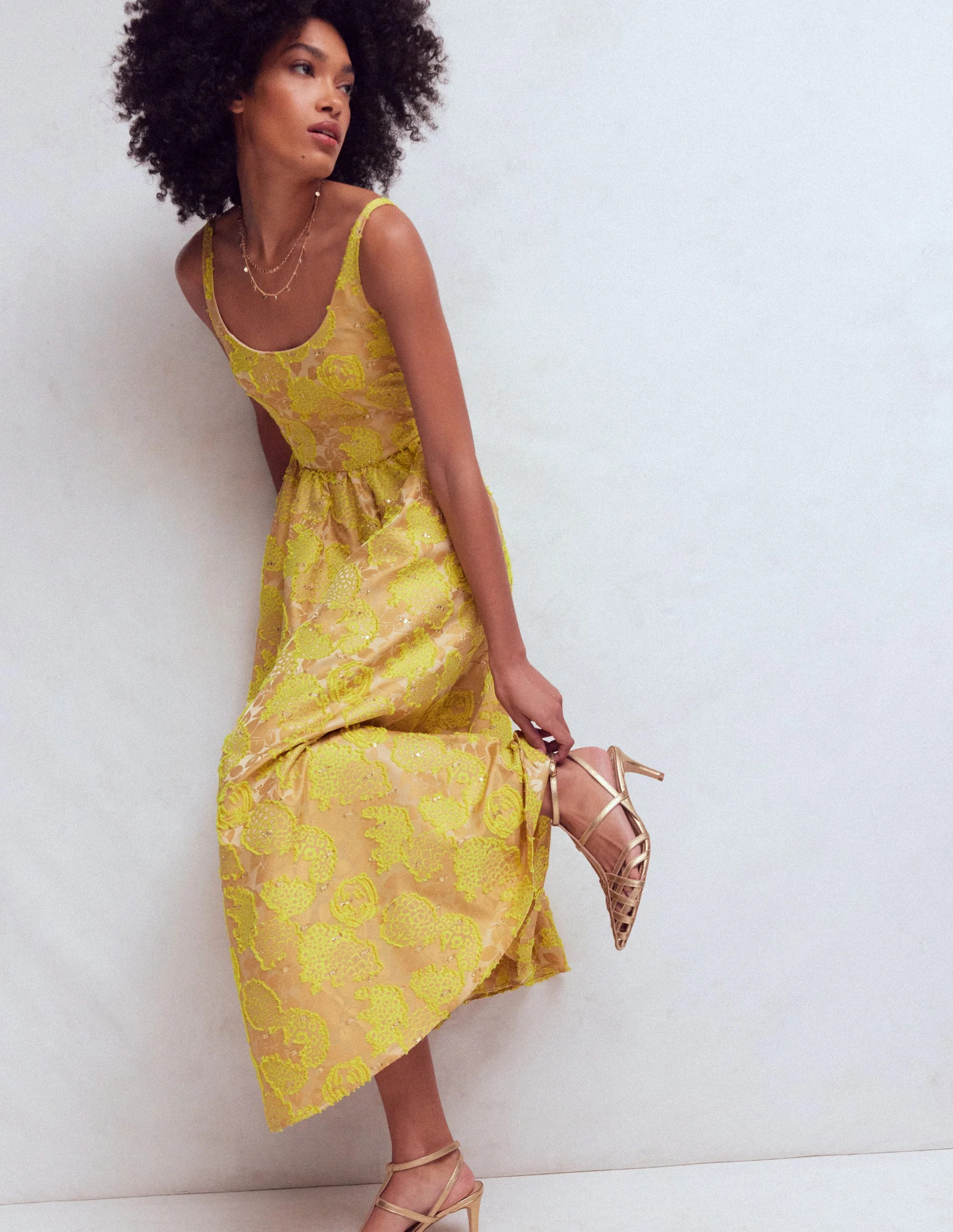 Scoop Neck Jacquard Dress-Yellow Jacquard | Boden (US)