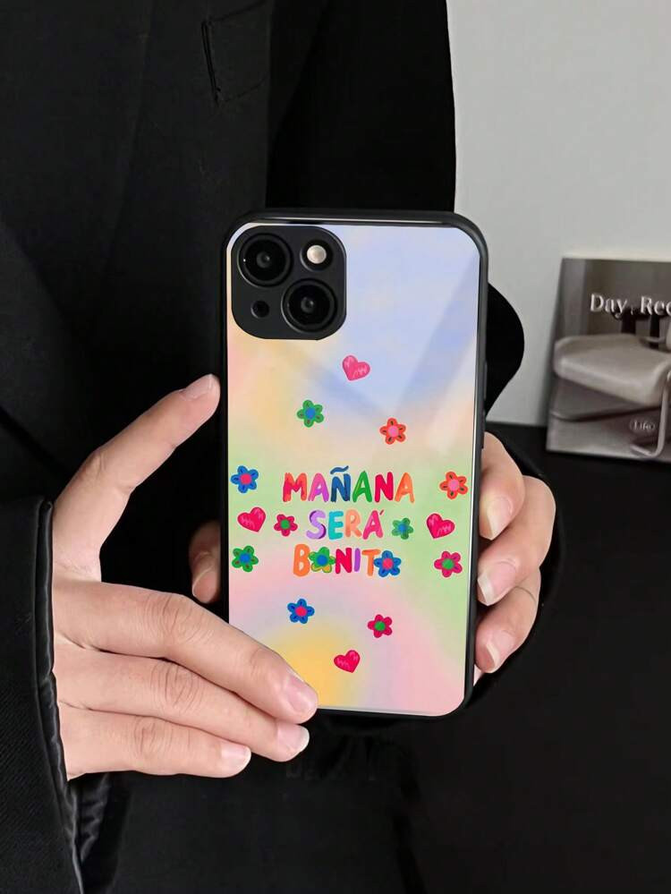 Flower & Slogan Graphic Glass Phone Case | SHEIN