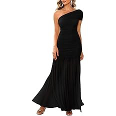 LAGSHIAN Women's Elegant Formal Long Dress One Shoulder Sleeveless Ruched Bodycon Evening Dress | Amazon (US)