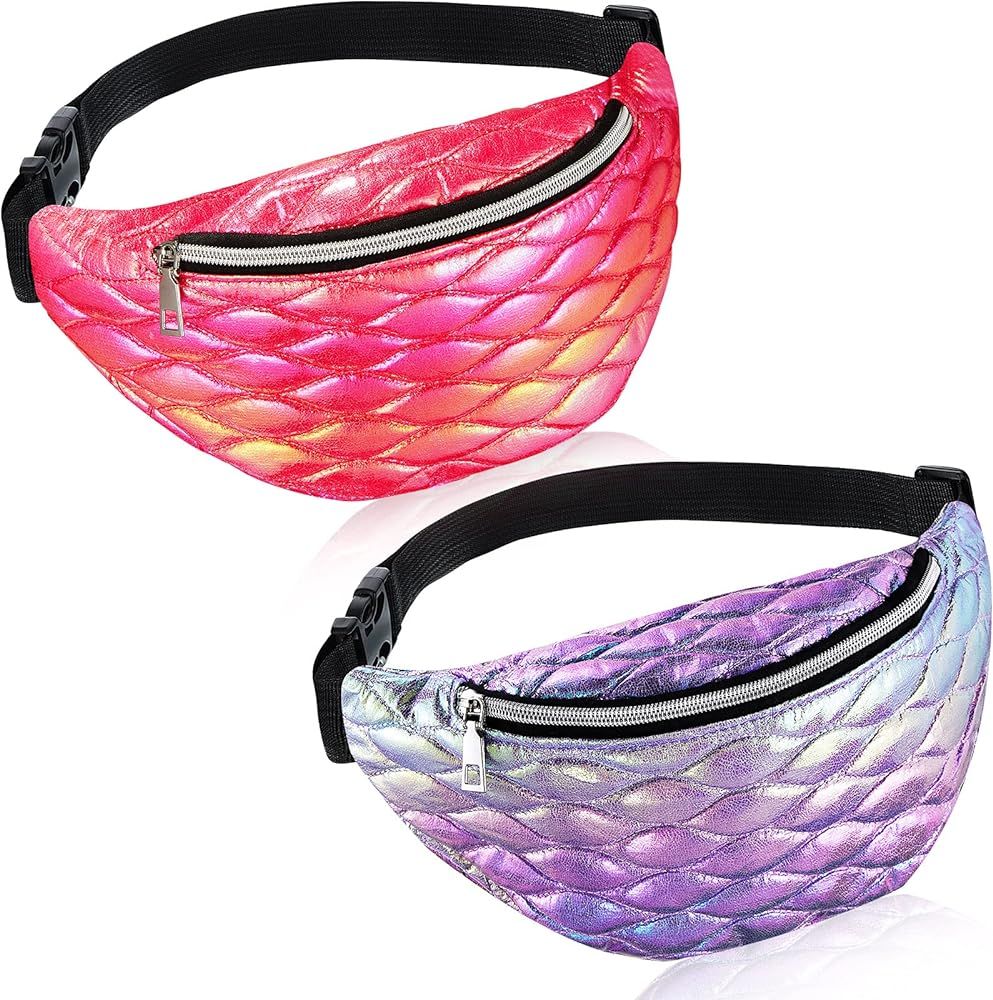 2 Pieces Mermaid Holographic Fanny Packs Metallic Sport Waist Pack Bag PU Leather Holographic Wai... | Amazon (US)