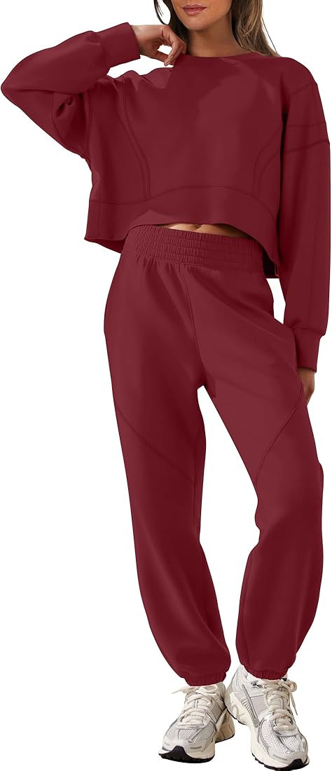 ANRABESS Womens 2 Piece Outfits Lounge Sets Cropped Sweatshirt & Joggers Fashion Sweatsuit Sweat ... | Amazon (US)