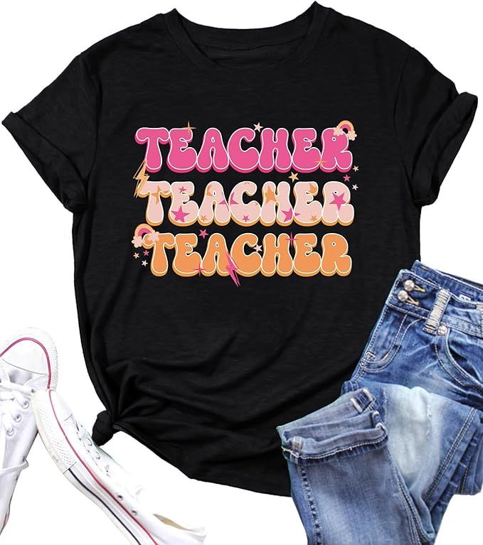 PECHAR Teacher Shirts Women Funny Teach Printed Graphic Tshirt Short Sleeve T-Shirt Blouse Teache... | Amazon (US)