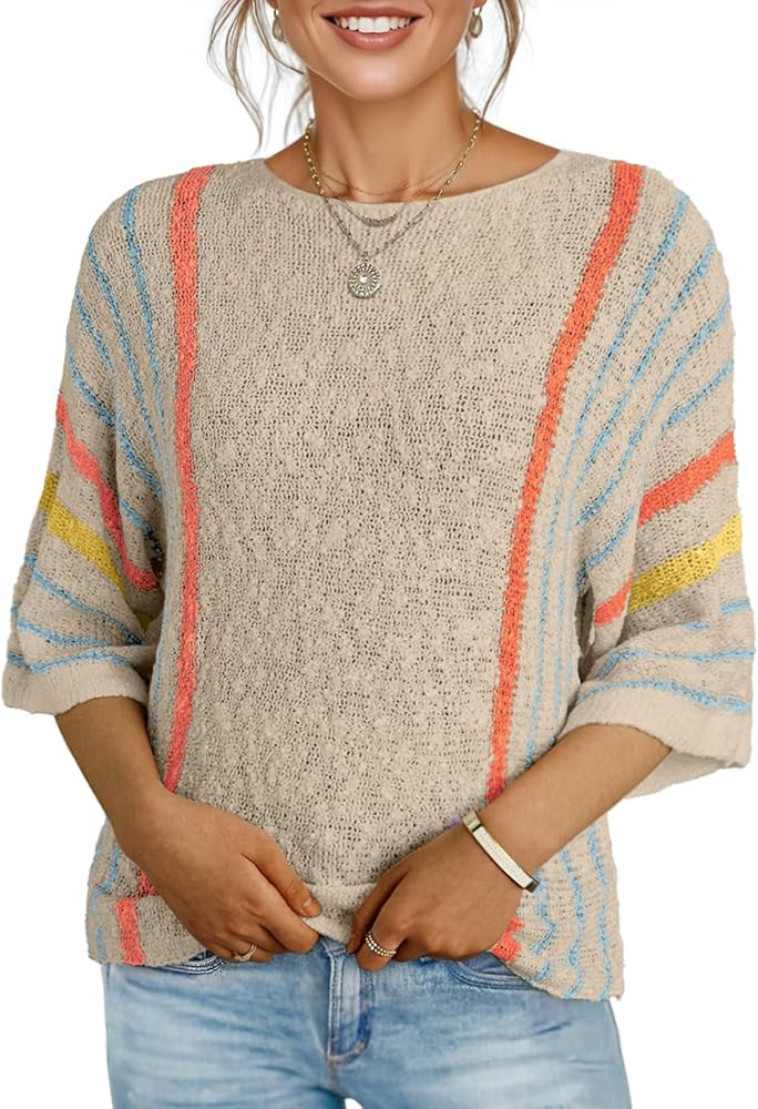 Dokotoo Womens 2026 Spring Summer Casual Crewneck 3/4 Sleeve Striped Lightweight Knit Trendy Boho... | Amazon (US)