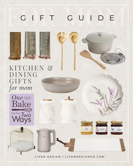 Mother's Day gift guide. Kitchen gifts. Dining gift. Gift for her. Mom gift. Gift ideas. Cookware. Bakeware. Entertaining gift. Kitchen towels. Kitchen decor. Serving bowl. Cookbook. Marble salt and pepper grinder shaker set. Jams. Gourmet. Botanical plate set. Dinnerware. Cake stand. Marble cheese board. Charcuterie board. Bread board. Brass serving spoons. Salad server spoon set. Electric tea kettle. 

#LTKGiftGuide #LTKhome #LTKfindsunder50