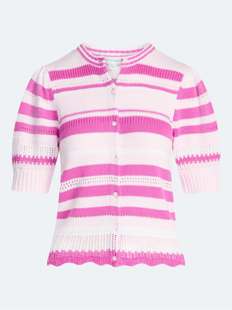 Free Assembly Women's Textured Stripe Cardigan Sweater with Short Puff Sleeves, Lightweight, Size... | Walmart (US)