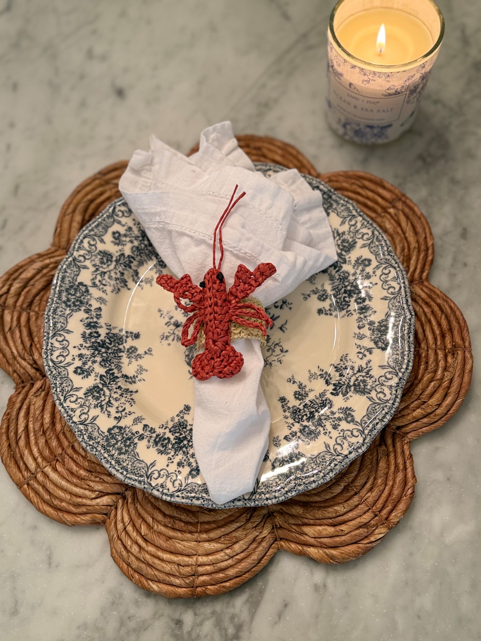 Lobster napkins ring, scallop rattan placement, tablescape, dinner party, blue and white, table wear #LTKSeasonal 

#LTKParties #LTKFindsUnder50 #LTKHome
