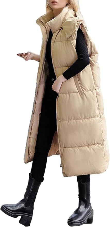 Bozanly Womens Long Puffer Vest Jacket Casual Sleeveless Belted Hooded Down Padded Vests Coat | Amazon (US)