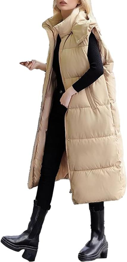 Bozanly Womens Long Puffer Vest Jacket Casual Sleeveless Belted Hooded Down Padded Vests Coat | Amazon (US)