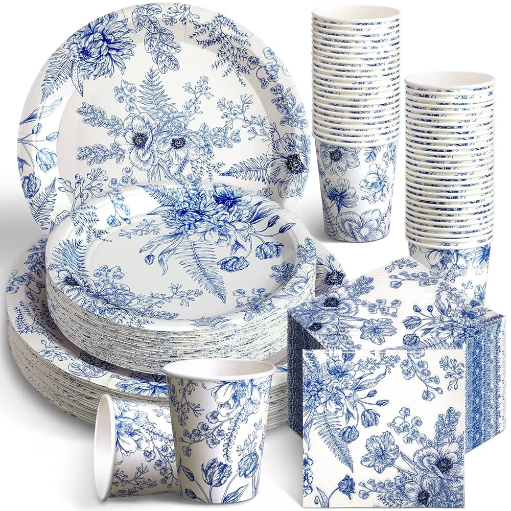 Dandat 250 Pcs Blue Disposable Plates and Napkins Floral Tableware Set for 50 Guests Disposable P... | Amazon (US)