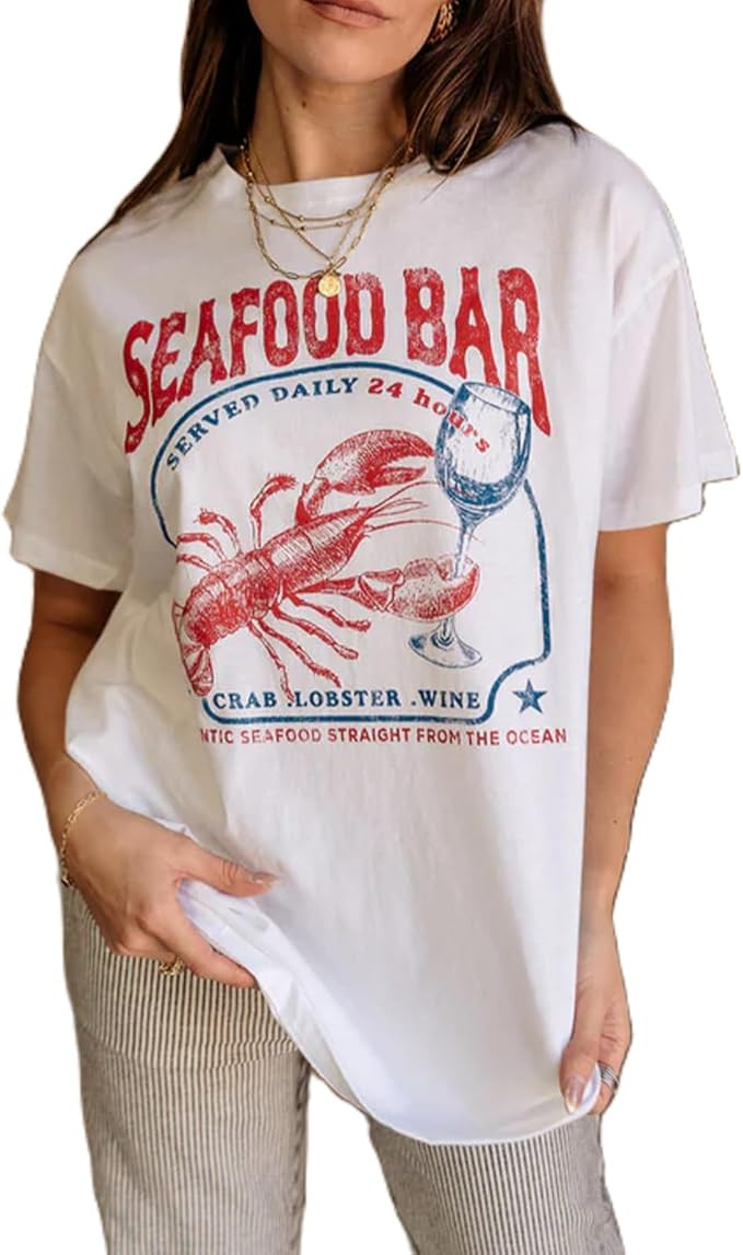 Women Cute Graphic Oversized Tees Fish Lobster Printed Y2K Baggy T Shirts Teen Girls Preppy Vinta... | Amazon (US)