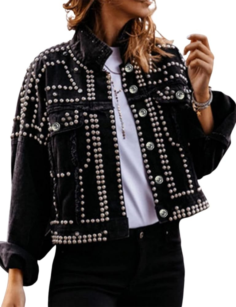 Omoone Women's Long Sleeve Rivet Studded Denim Jacket Casual Washed Pearl Short Jean Coat | Amazon (US)