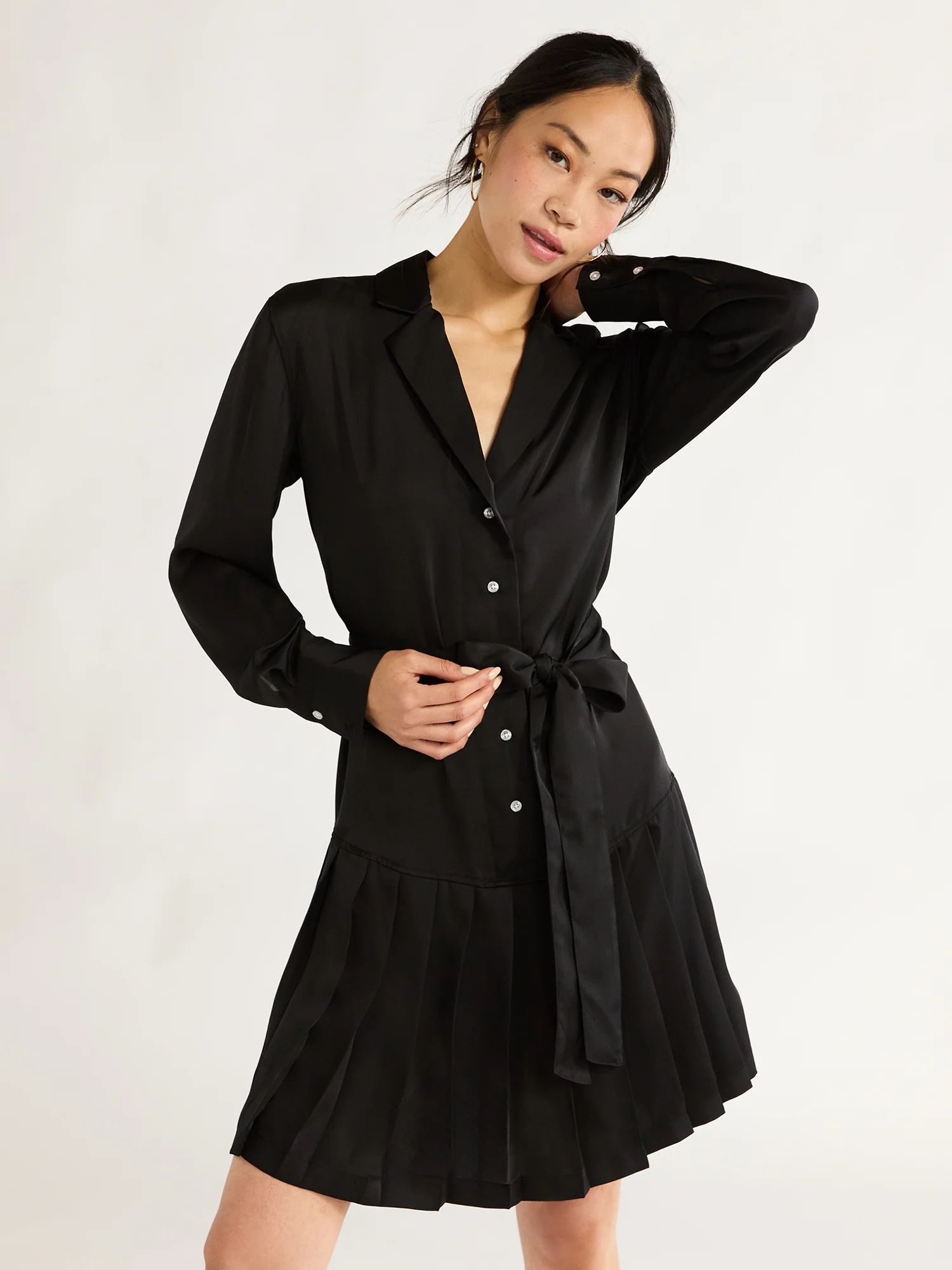 Free Assembly Women's Pleated Mini Shirtdress with Long Sleeves, Sizes XS-XXL | Walmart (US)