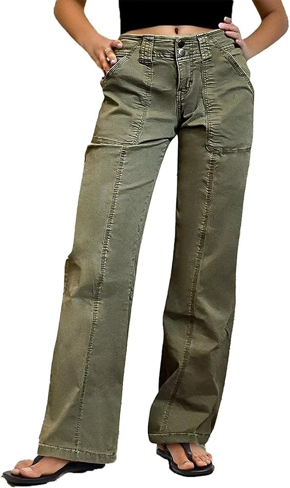 Flamingals Women Straight Leg Mid Rise Casual Solid Seam Front Flap Pocket Pants | Amazon (US)