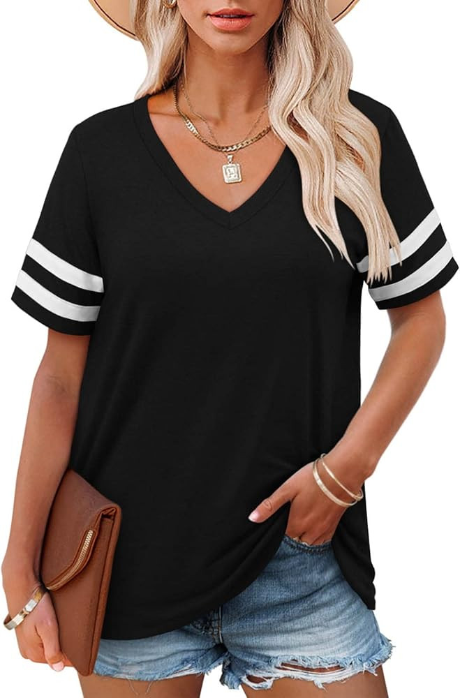 Angerella Casual Summer Tops for Women V Neck T Shirts Short Sleeve Tunic Tops Loose Fit | Amazon (US)